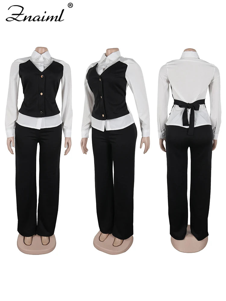 Znaiml Elegant Office Women's Long Sleeve Patchwork Vest Shirt and Straight Pants Two 2 Piece Sets Work Suits Matching Outfits