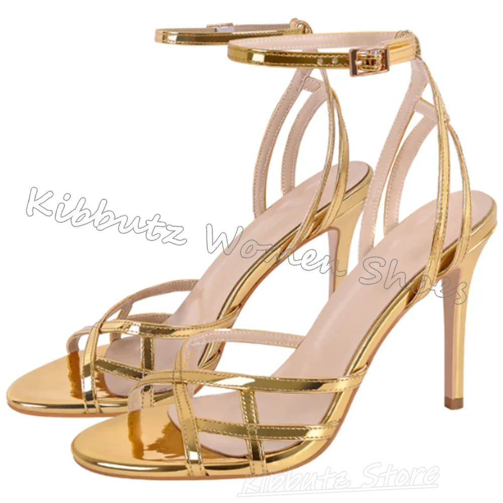 Concise Sandals Buckle Strap Leather Solid Color Hollow Round Toe Thin Heel Fashion Luxury Elegant Party Wedding Women Shoes New