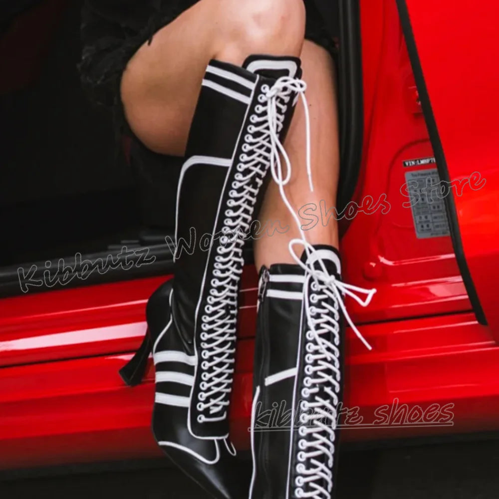 Sewing Knee High Boots Leather Lace-Up Patchwork Square Toe Kitten Heels Fashion Luxury Elegant Concise Sexy Women Shoes Newest