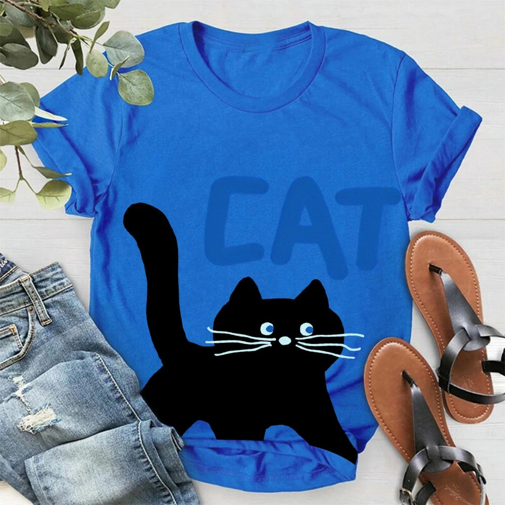 Women's Basic Crew Neck Tee Trendy Y2K Women's Short Sleeve Cartoon Cat Print Cute Aesthetic Cotton Casual T-Shirt