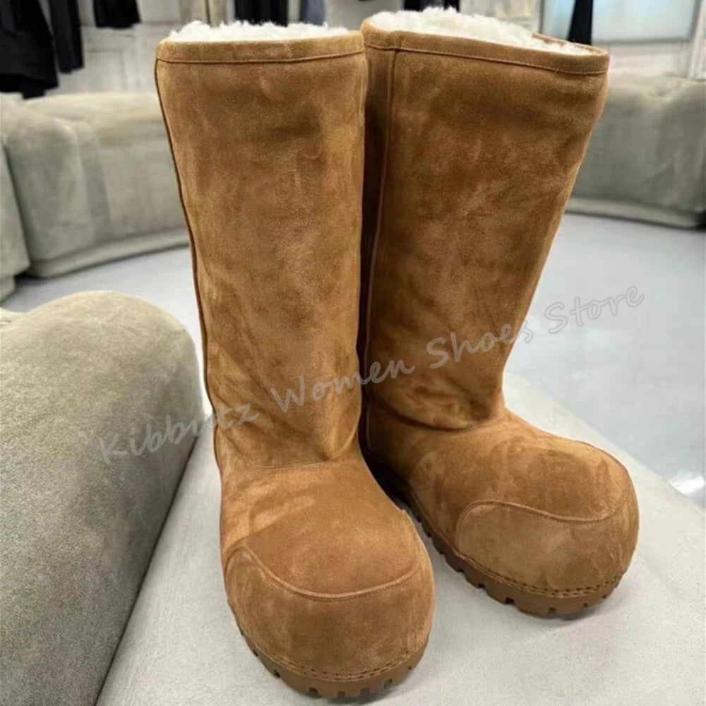 Suede Warm Winter Snow Boots Knee High Big Round Toe Flat With Outdoor Fashion Concise Luxury Sexy Novelty Slip-On Shoes Newest
