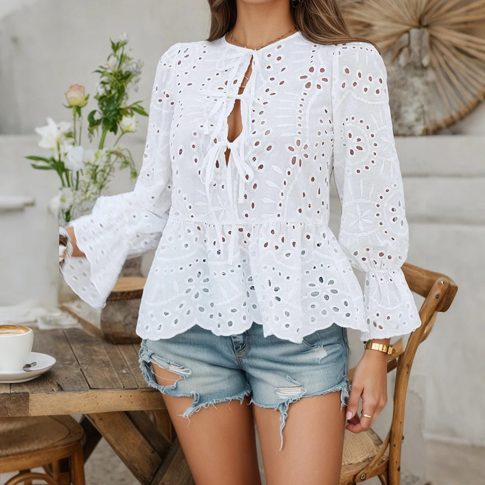 Women's Solid Boho Hollow Out Lace Up Lantern Sleeve Ruffle Blouse Autumn Ladies Casual Loose Holiday Vacation Tops Size S-2XL