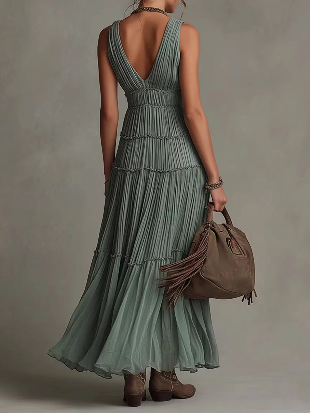 Elegant Boho Tiered V Neck Flowy Maxi Dress for Women