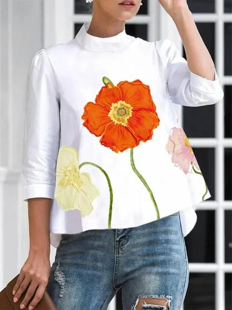 2025 Flower Printed T-shirt for Women Stand Collar Three-quarter Sleeves Loose Fit Shirt Top Summer Casual Blouse