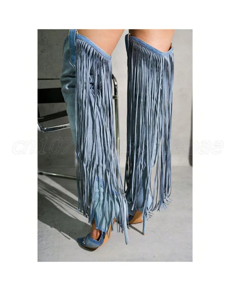 Demin Tassels Decor Sandal Boots Knee High Miter Shoes for Women Thin High Heels Fashion Lady Shoes 2025 Zapatos Para Mujere