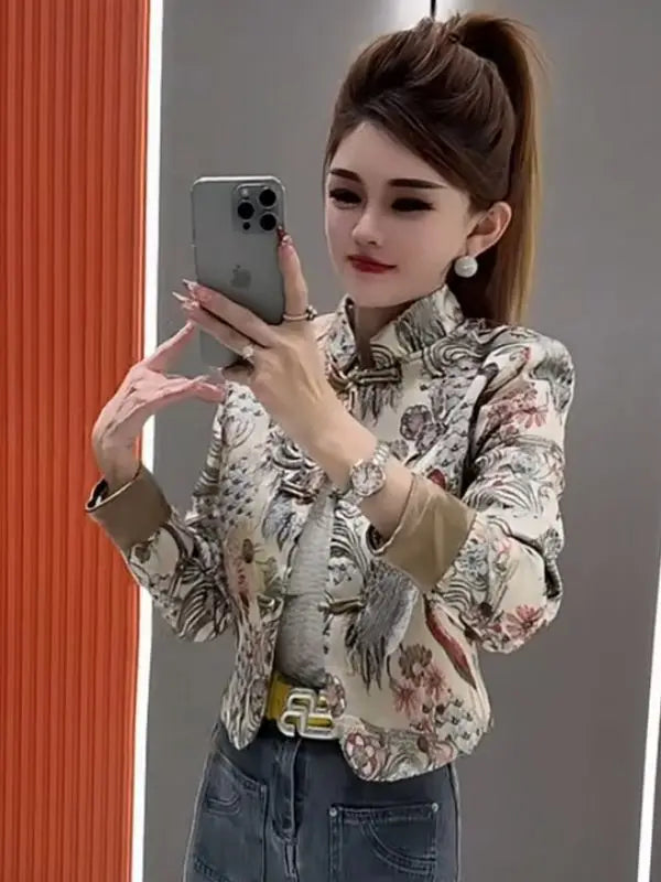 Women Print Coat 2025 Spring New Retro Chinese Printed Splicing Plate Buckle Stand Collar Long Sleeve Short Jacket Women
