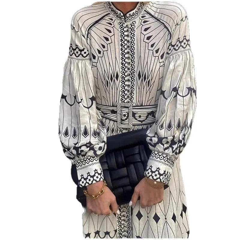 2025 Spring Women Vintage Long Dress Print Sashes Lantern Long sleeve Dresses Female Summer Elegant Fashion Office Lady Clothes