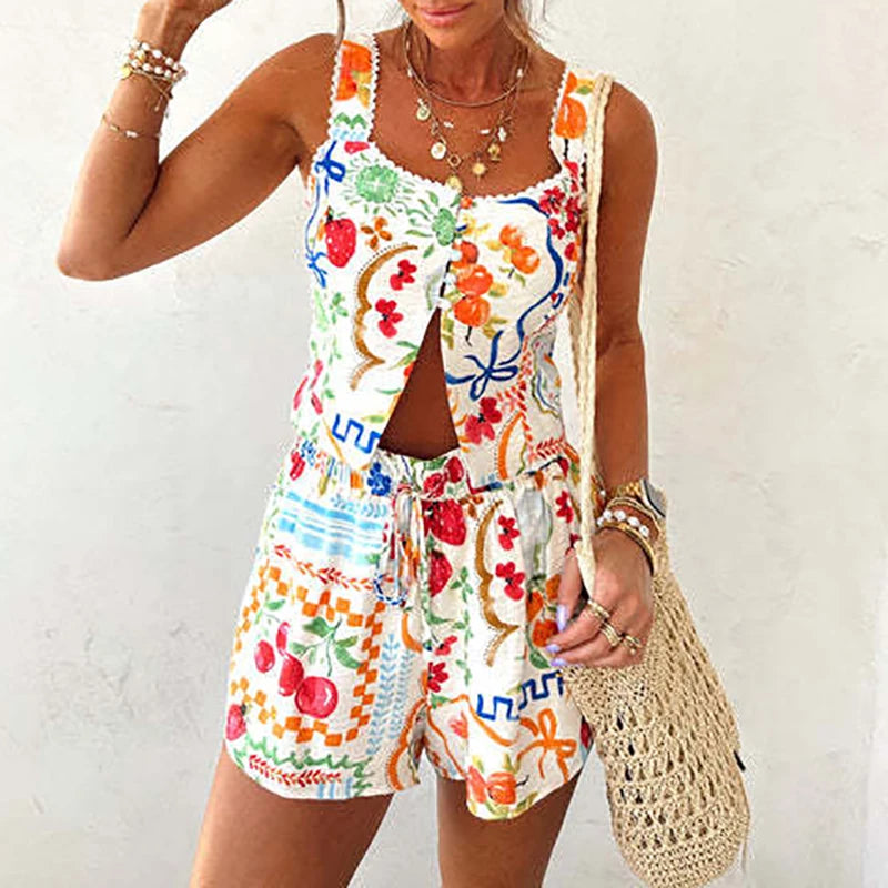 Bohemian Lace Up Shorts Beach Suit Fashion Hollow Out Backless Summer Two Piece Vacation Printed Suspenders Top Women's Outfits