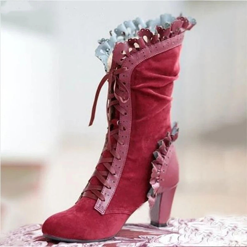 Vintage Lace Up Ruffle Hoof Heel Knee High Boots For Women