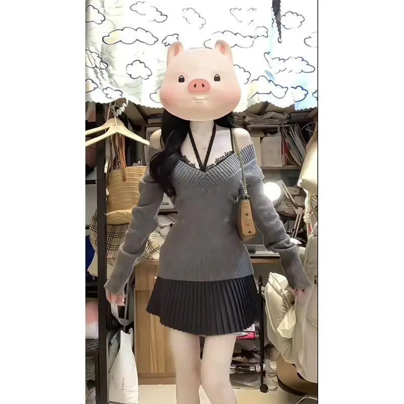 2025 New Spring and Autumn New Chinese Style Chest Show Big and Thin Top V-neck Sweater+Lace Inner+Short Skirt 3-Piece Set