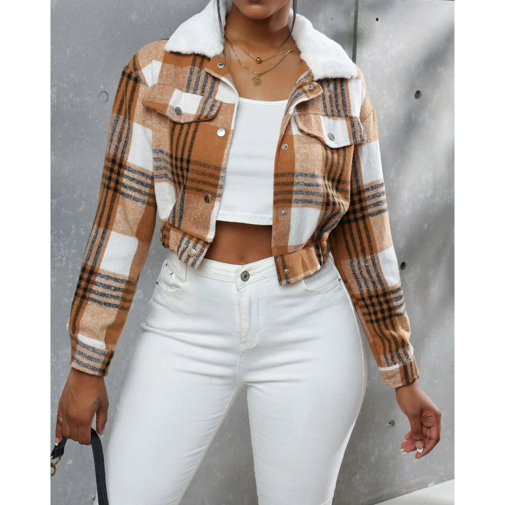 Women Fluffy Turn-down Collar Striped Print Covered Button Short Jackets Autumn Long Sleeve Coat Outfits Winter Clothing