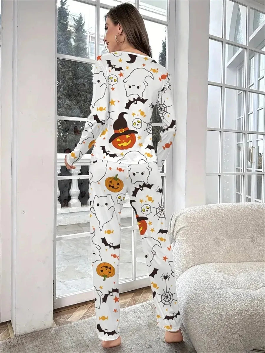 Women Pajama Sets Halloween Ghosts and Pumpkin Print Spooky Outfits Sleepwear Long Sleeve Round Neck Tops Long Pants Suits Pjs