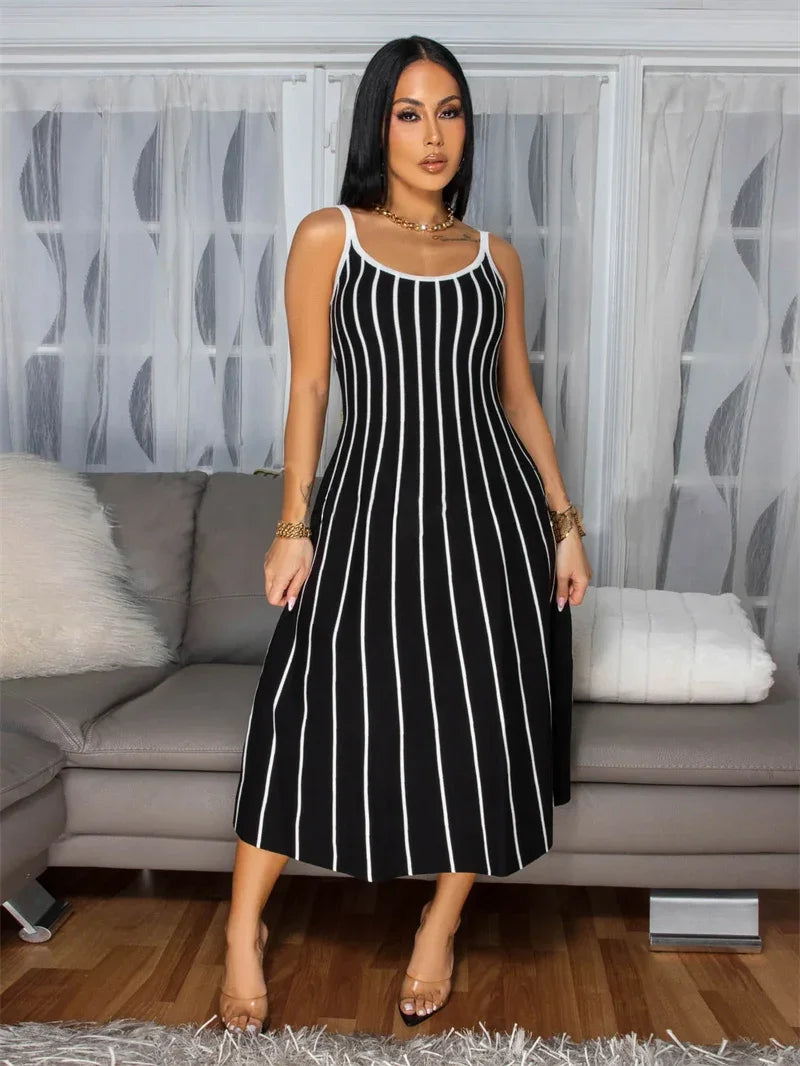 Summer Striped Printed A-line Maxi Dress for Woman Sleeveless Camisole V-neck Casual Club Party Long Dresses Sundress Vacation