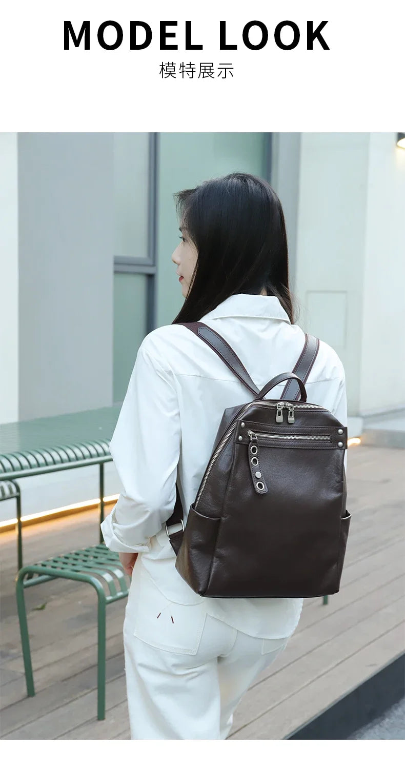 Women's Natural Cow Leather Backpacks Lady Cowhide Design Large Capacity Bags Female Retro Fashion Versatile Backpacks Ladies