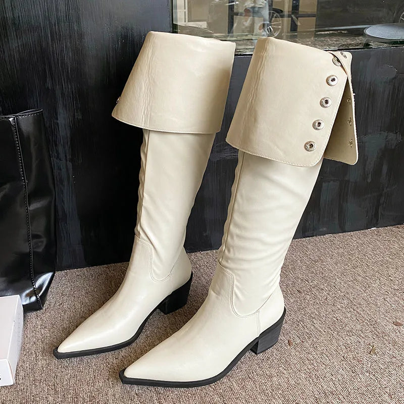 Modern Ladies Knee High Boots With Heels Shoes Female Slip On Footwear Fashion Pointed Toe Women Long Boots Pumps Shoes lady