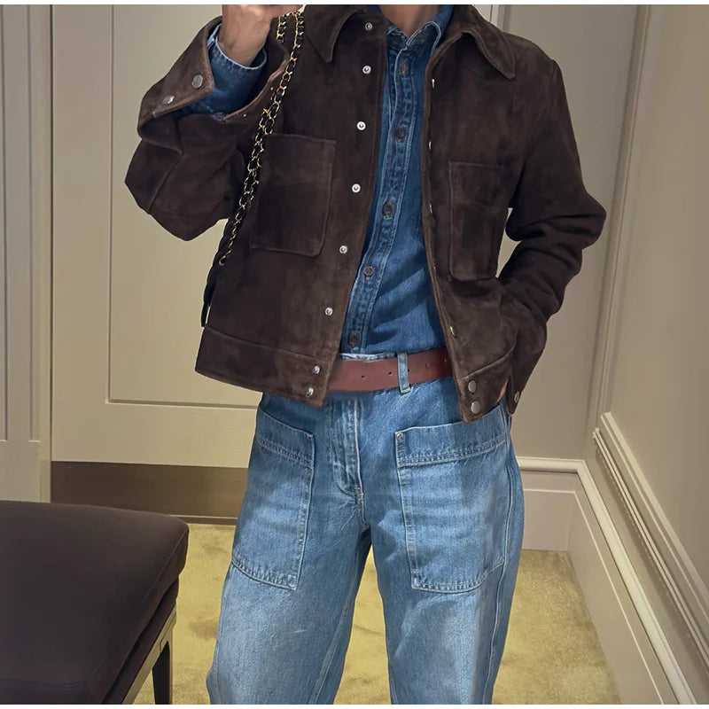 Big Pockets Suede Short Women's Jackets Vintage Lapel Single Breasted Full Sleeve Jacket Lady 2025 Spring Fashion Streetwears