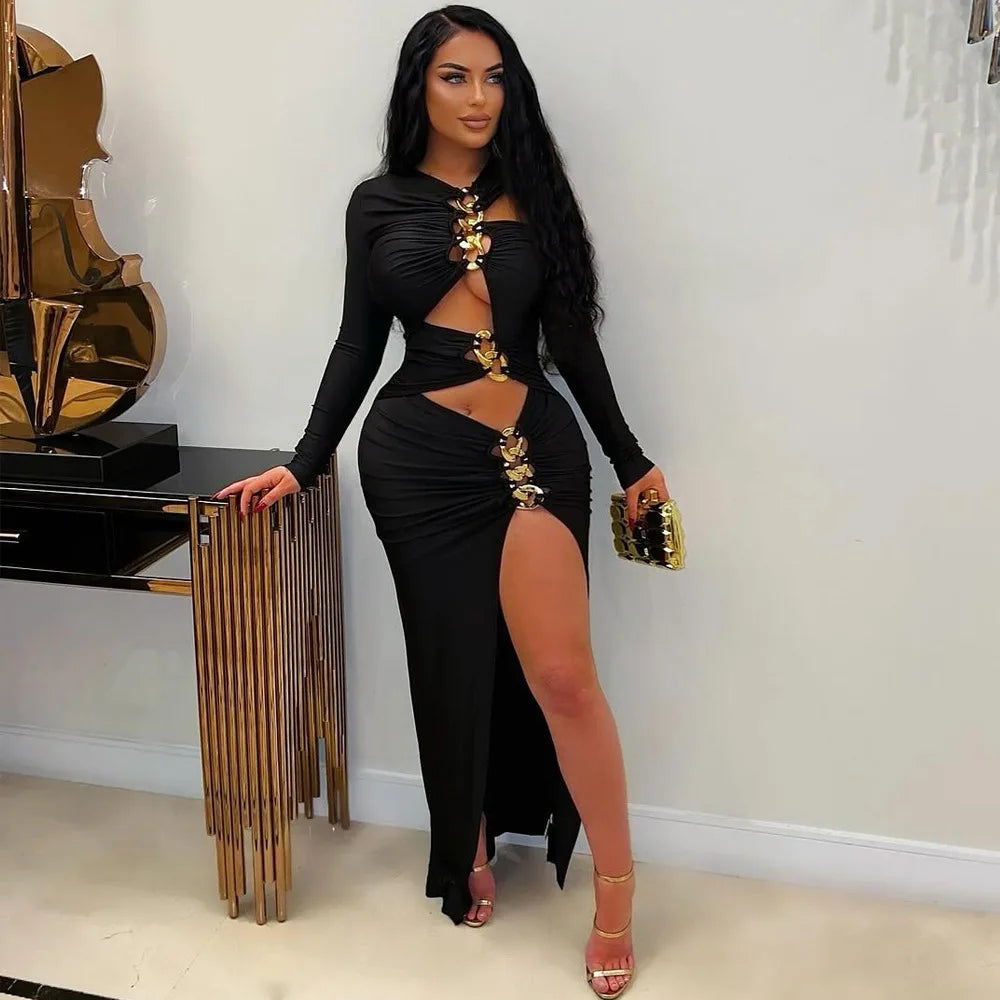 Joskaa Elegant Metal Decoration Hollow Birthday Dress Woman Sexy Irregular Full Sleeve High Split Maxi Dresses 2025 Clubwear