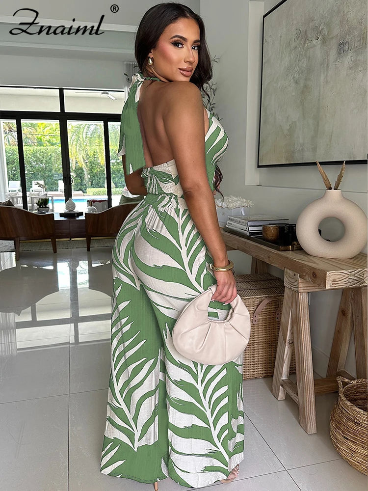 Znaiml Sexy Boho Leaf Printed Wide Leg Pants Sets for Women Halter Sleeveless Crop Tops and Trousers Two 2 Piece Vacation Outfit