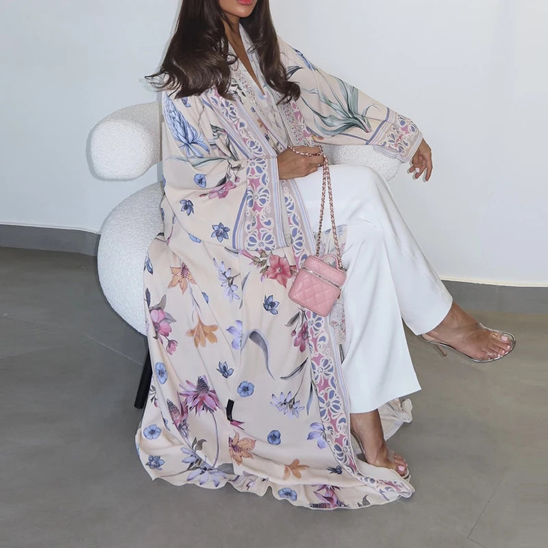 Elegant High Street Swing Vacation Jackets 2025 New Women's V Neck Autumn Coat Floral Print Long Sleeved Loose Muslim Cardigan