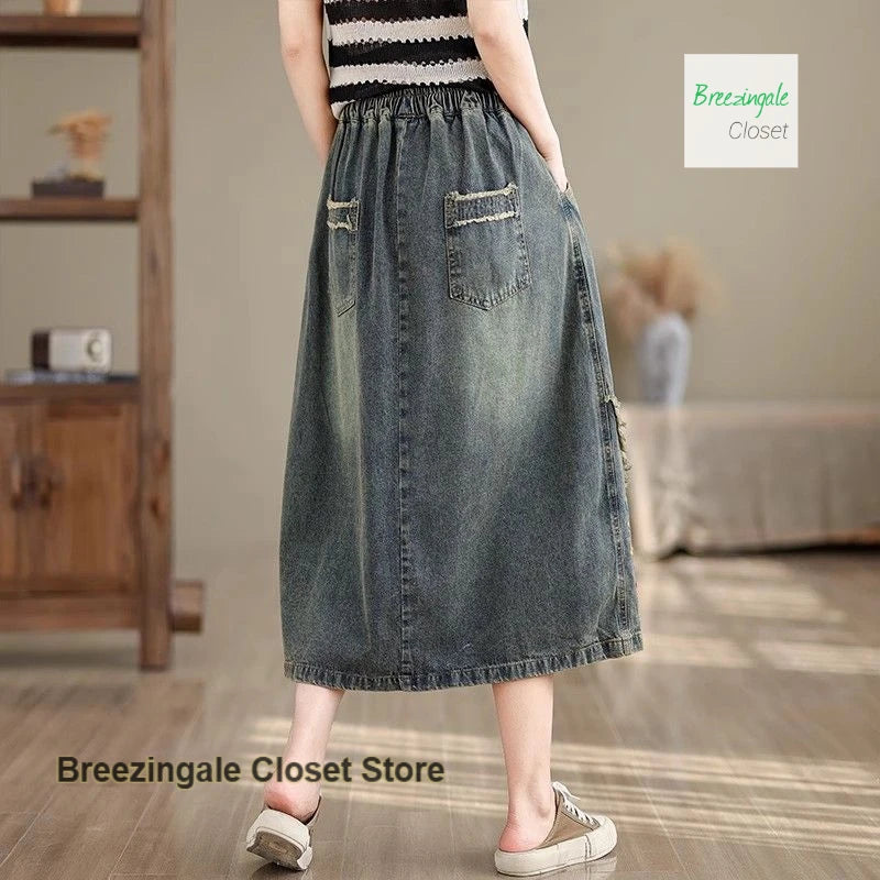 American Embroidered National Style Loose Denim Skirt Women's Spring and Summer New Fashion Temperament with Wild Skirt.