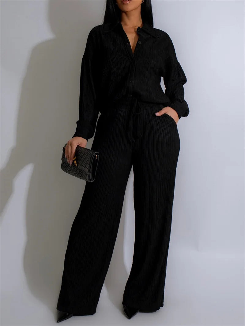 Doyerl Solid Casual Loungewear Sets Woman Two Piece Outfit Loose Fit Long Sleeve Shirt Top and Wide Leg Pants Matching Sets