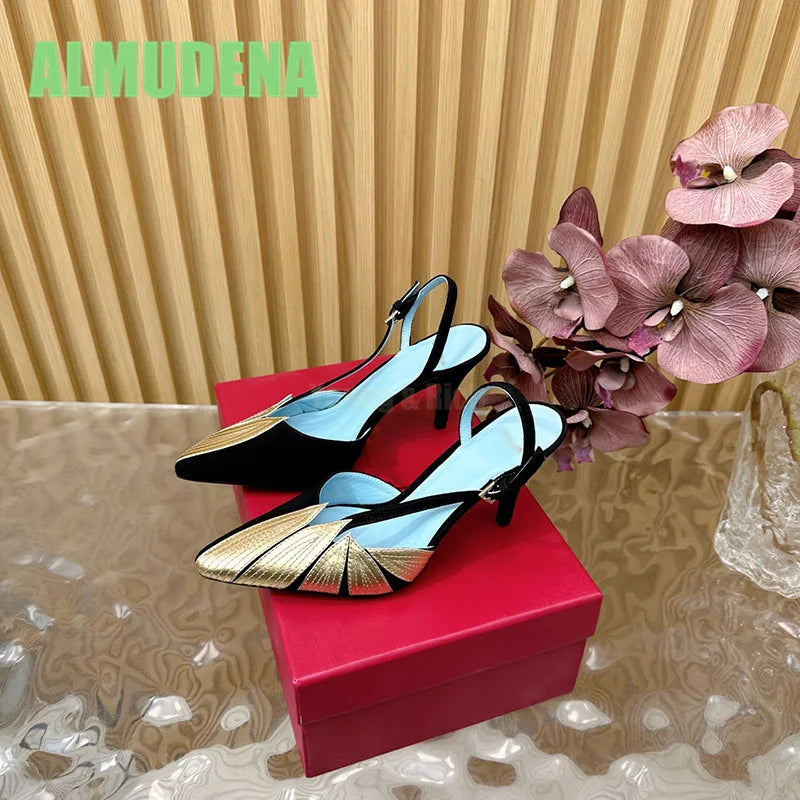 Pointed Toe High Heel Woven Color Block Sandals for Women