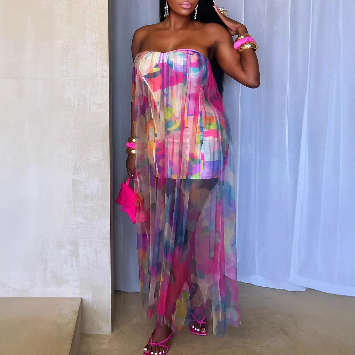 CM.YAYA Women Sleeveless Tie Dye Print Strapless Mesh Bodycon Midi Long Maxi Dress 2025 Birthday Club Party Vestido Sexy Dresses