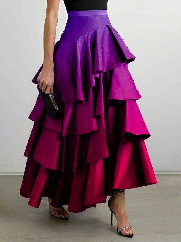 Beautyblue Elegant Party Dresses for Women 2025 Gradient Long Skirts Fashion A-Line Falbala High Waisted Bottoms Skirt Female