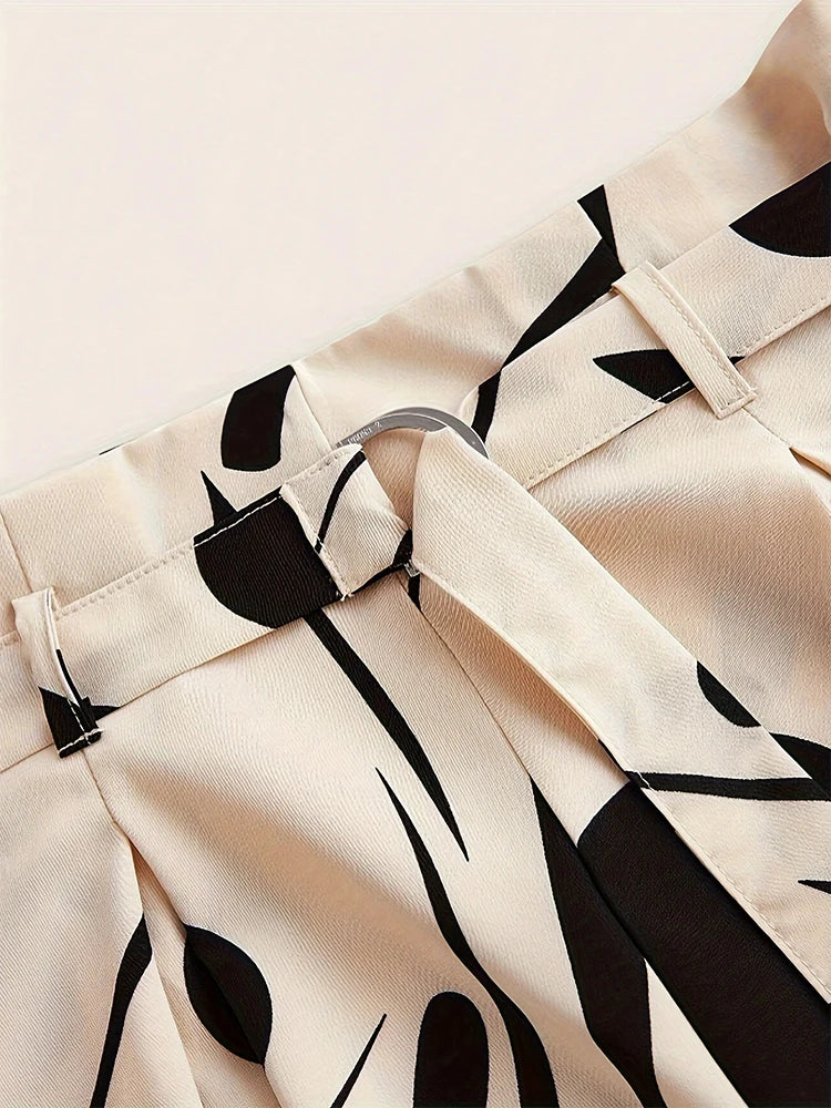 Ladies Abstract Print Belt Casual Wide Leg Pants Fashionable Loose Fit Trousers for Women