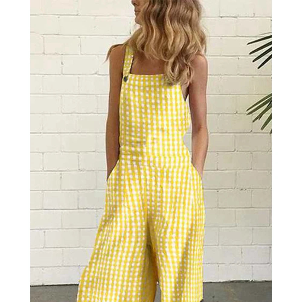 Women All Over Plaid Print Suspender Jumpsuit Summer Buttoned Wide Leg Elegant Jumpsuit Casual One Piece Party Overalls Clothing