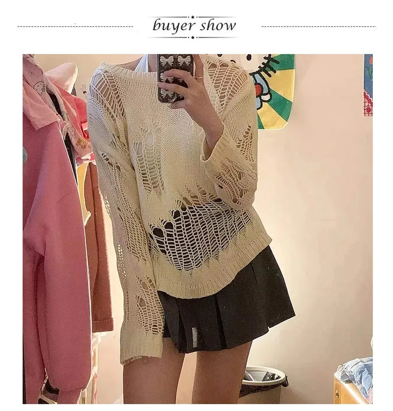 Karrram Gothic Hollow Out Sweater Hole See Through Oversized Knitted Pullovers Emo Streetwear Grunge Clothes Y2k Tops Spring
