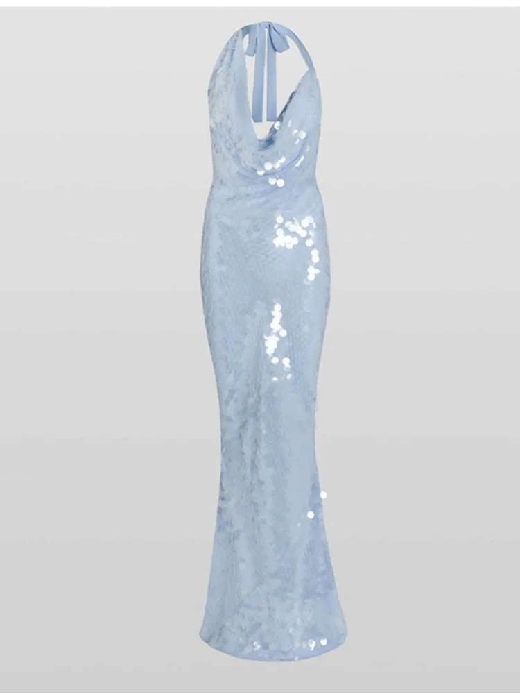 Chic Sequin Skinny Maxi Dress Swing Collar Backless Off Shoulder Lace Up Sparkling Vestidos For Women 2025 Summer Lady Y2k Robes