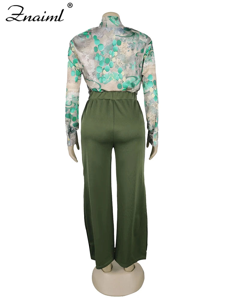 Znaiml Elegant Women's Pants Set Long Sleeve Print Shirt and Wide Leg Pant Autumn Two 2 Piece Sets Streetwear 2PC OL Outfits New