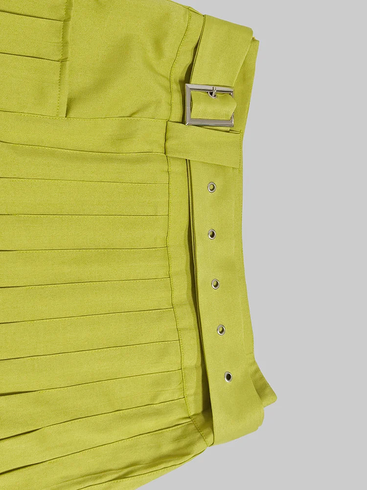 Beautyblue Elegant Retro Green Pleated Skirt Women's Long Skirts Fashion Loose High Waisted Split-Side with Belt Elegant Bottoms
