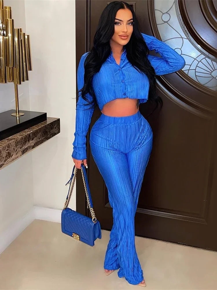 CM.YAYA Street Pleated Women's Set Long Sleeve Mini Blouse Shirt and Straight Pants Suit 2023 Two 2 Piece Set Outfits Tracksuit