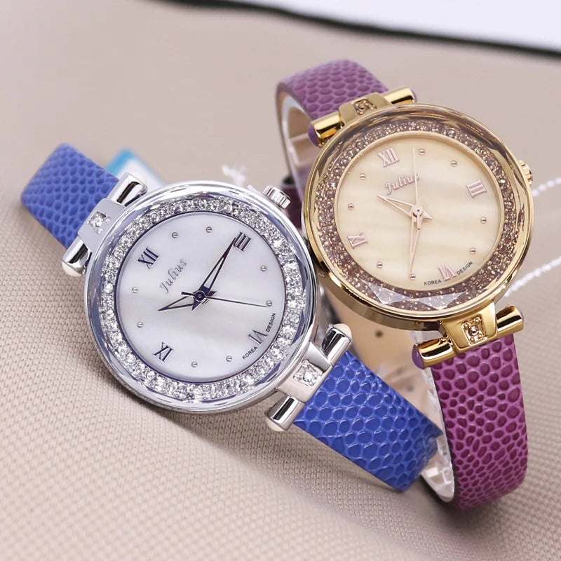 Mother-of-pearl Rhinestones Julius Lady Women's Watch Fashion Hours Bracelet Real Leather Girl's Birthday Gift Box