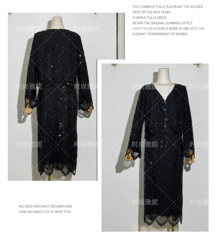 Fashion New Fashion Long-sleeved Sequined Pearl Bead Cardigan Women's Top High-waisted Skirt 2-piece 2025 Spring New Skirt Sets