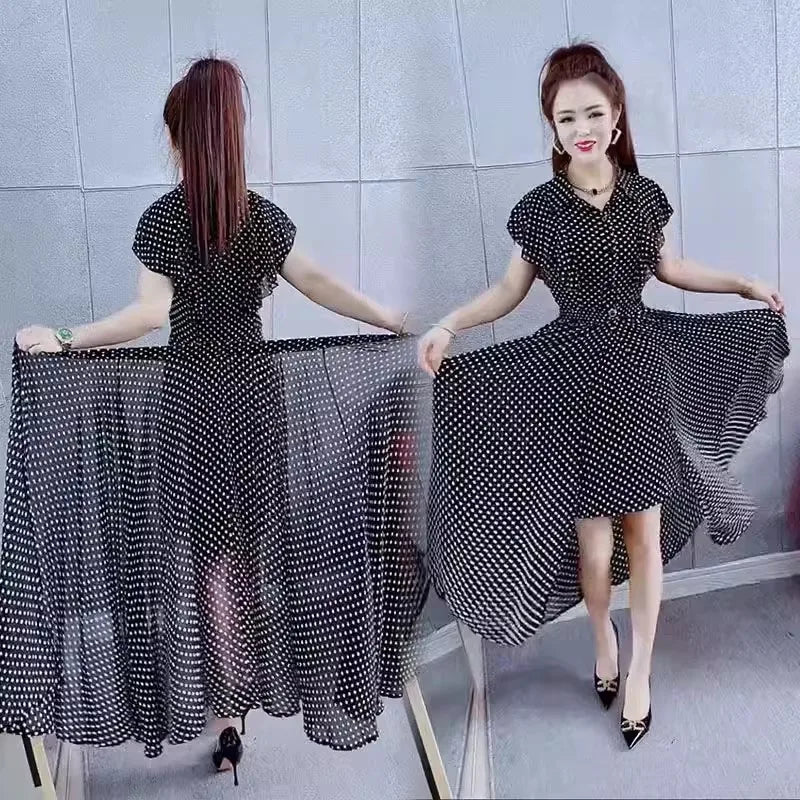 Fashion Dress Set Women's 2024 Summer New Polka Dot Style Sweet and Slim Ruffle Dress+Apron Two Piece Set Black V-Neck Dress Lad