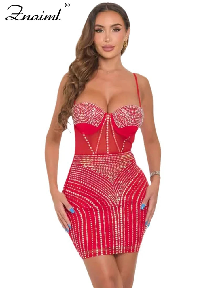 Znaiml Luxury Women Red Mesh See Though Diamonds Spaghetti Strap Sleeveless Bodycon Mini Dress Sexy Birthday Night Club Vestidos