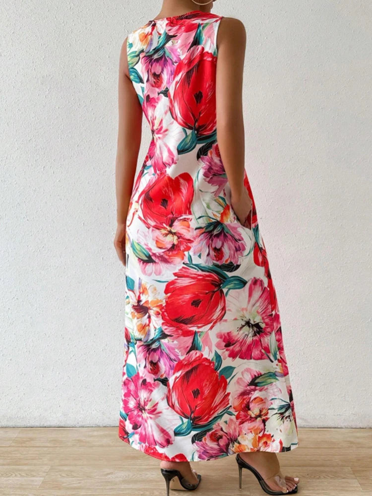 Women's Fashionable V-Neck Sleeveless Dress Floral Print Lightweight Breathable Long Dress Personality Slit Design Comfort