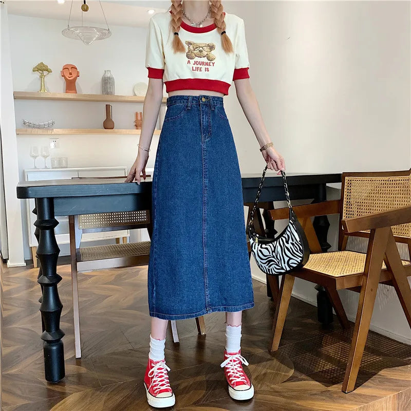New 2022 Spring-Autumn Medium-Length Denim Skirt For Women High-Waisted Slimming Plus Size Curvy Girls A- Line Hip Covering Skir