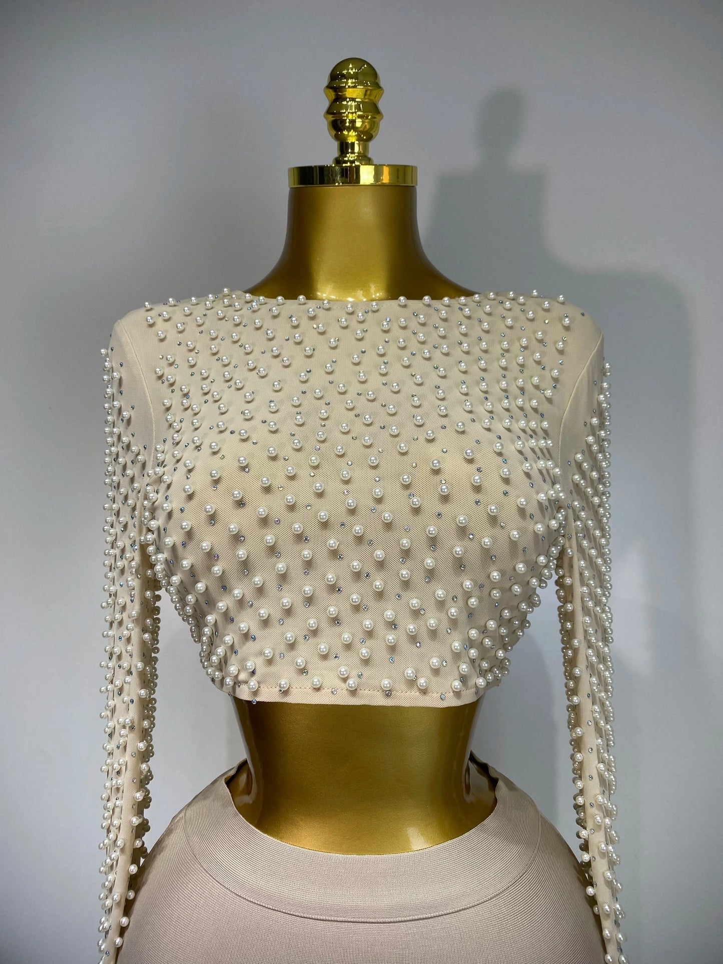 Women Sexy Long Sleeve Mesh Pearl Top Celebrity Midi Women Bandage Set 2025 Designer Evening Party Luxury Birthday Two Piece Set