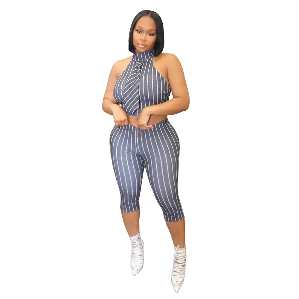 CM.YAYA Striped Printed Women's Set Sleeveless Necktie Tops and Leggings Pants 2025 Sexy Party Two 2 Piece Sets Outfit Tracksuit