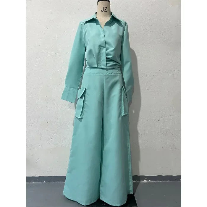 2 Piece Set Women Clothes Elegant Commute Long Sleeve Top & High Waist Wide Leg Pants Fashion Suit for Female 2025 Summer New