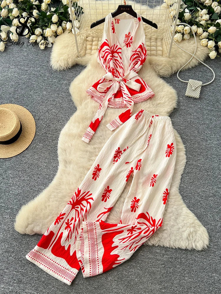 Boho Print Lace-Up Tank Top and Wide-Leg Pants Set for Women