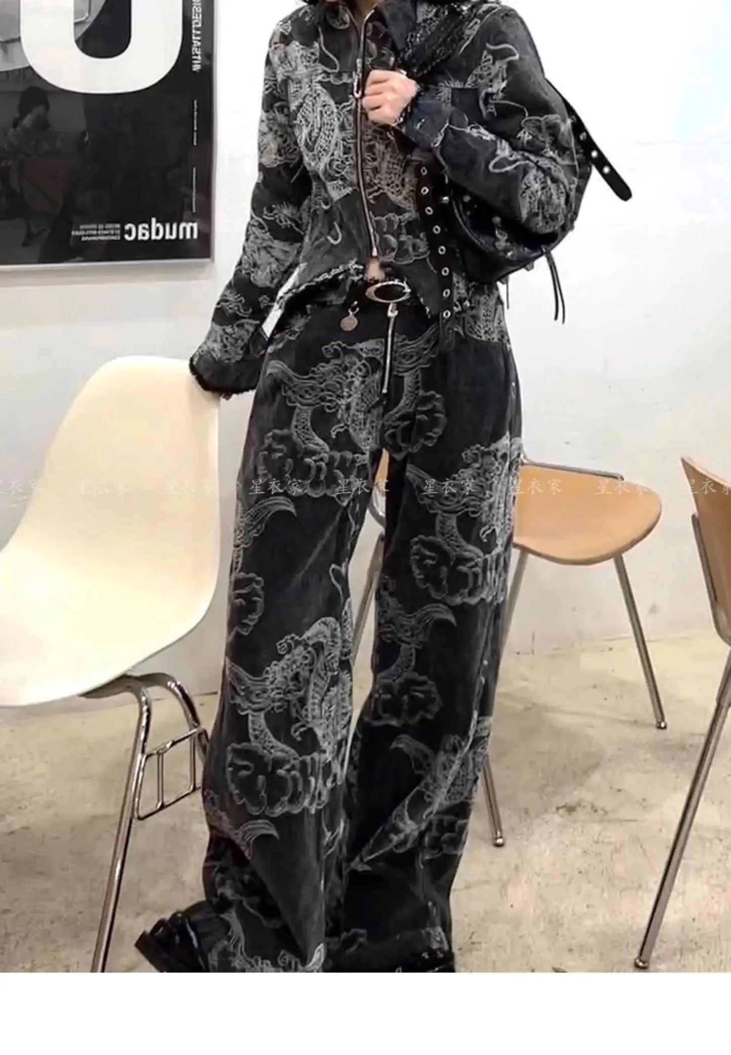 Women Black Gothic Dragon Print Jeans Baggy Vintage Aesthetic Cowboy Pants Harajuku Denim Trousers Y2k Trashy 2000s Clothes 2024