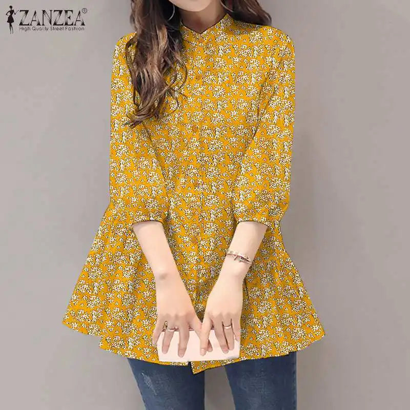 ZANZEA 2024 Summer Shirt Women Floral Prined Bohemian Stand Collar 3/4 Sleeve Casual Vintage Elegant Blusas Loose Tunic Tops