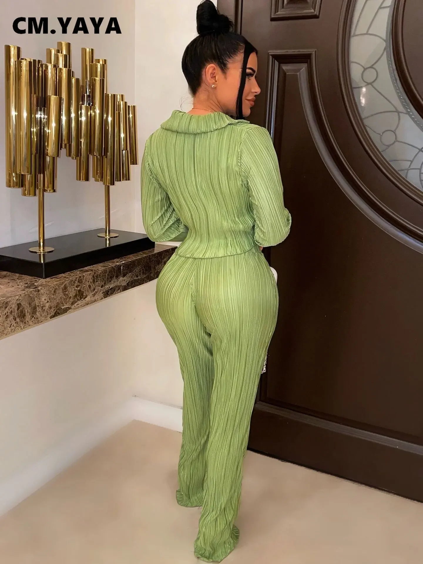 CM.YAYA Street Pleated Women's Set Long Sleeve Mini Blouse Shirt and Straight Pants Suit 2023 Two 2 Piece Set Outfits Tracksuit