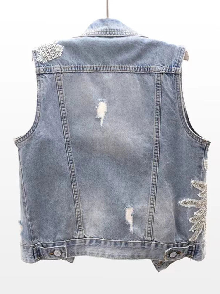 Fashion Lace Beaded Denim Vest Women Cardigan 2025 New Spring Sleeveless Jacket Fashion Loose Vintage Jeans Waistcoat Tide R359