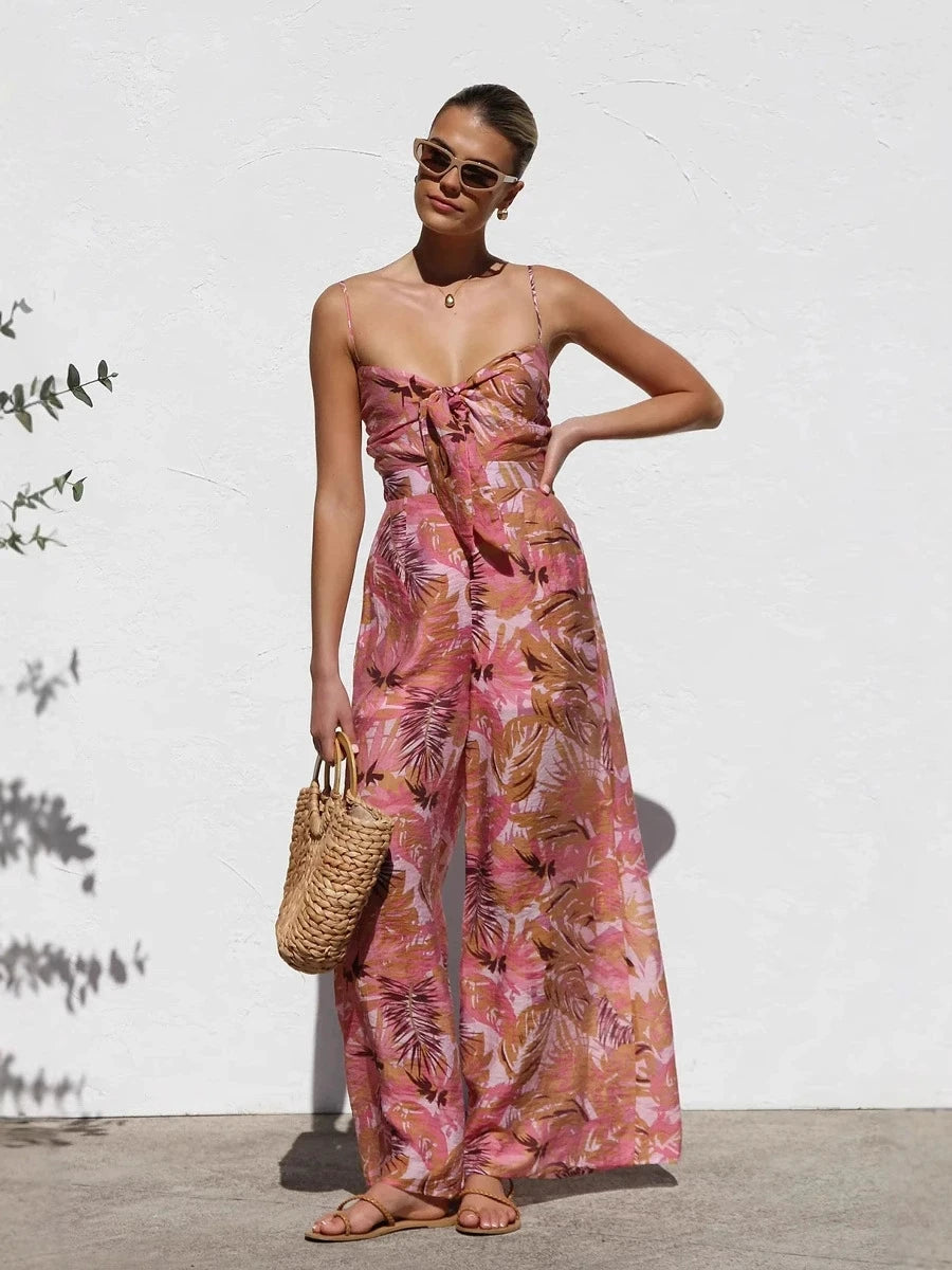 Printed Spaghetti Strap Bowknot High Waist Jumpsuit for Women